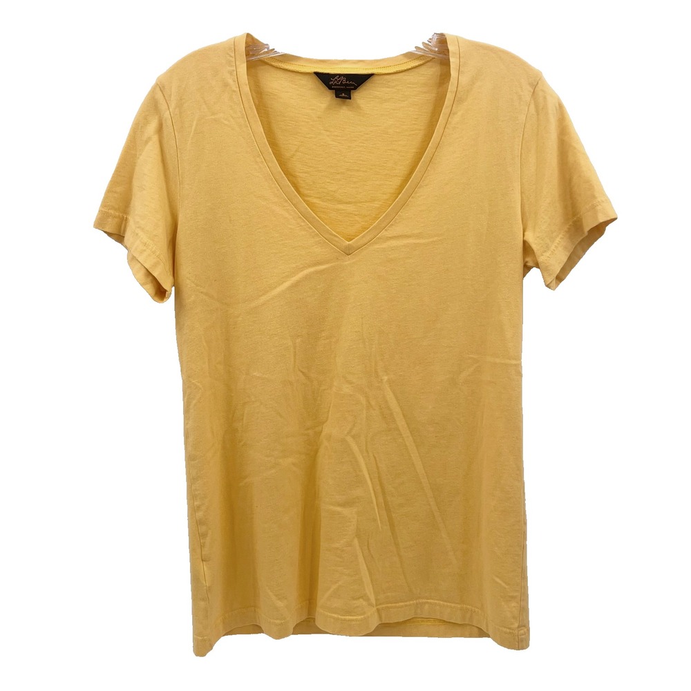 LL BEAN Women's Sz Small Bright Yellow Short-Sleeve V-Neck (Long) Cotton T-Shirt